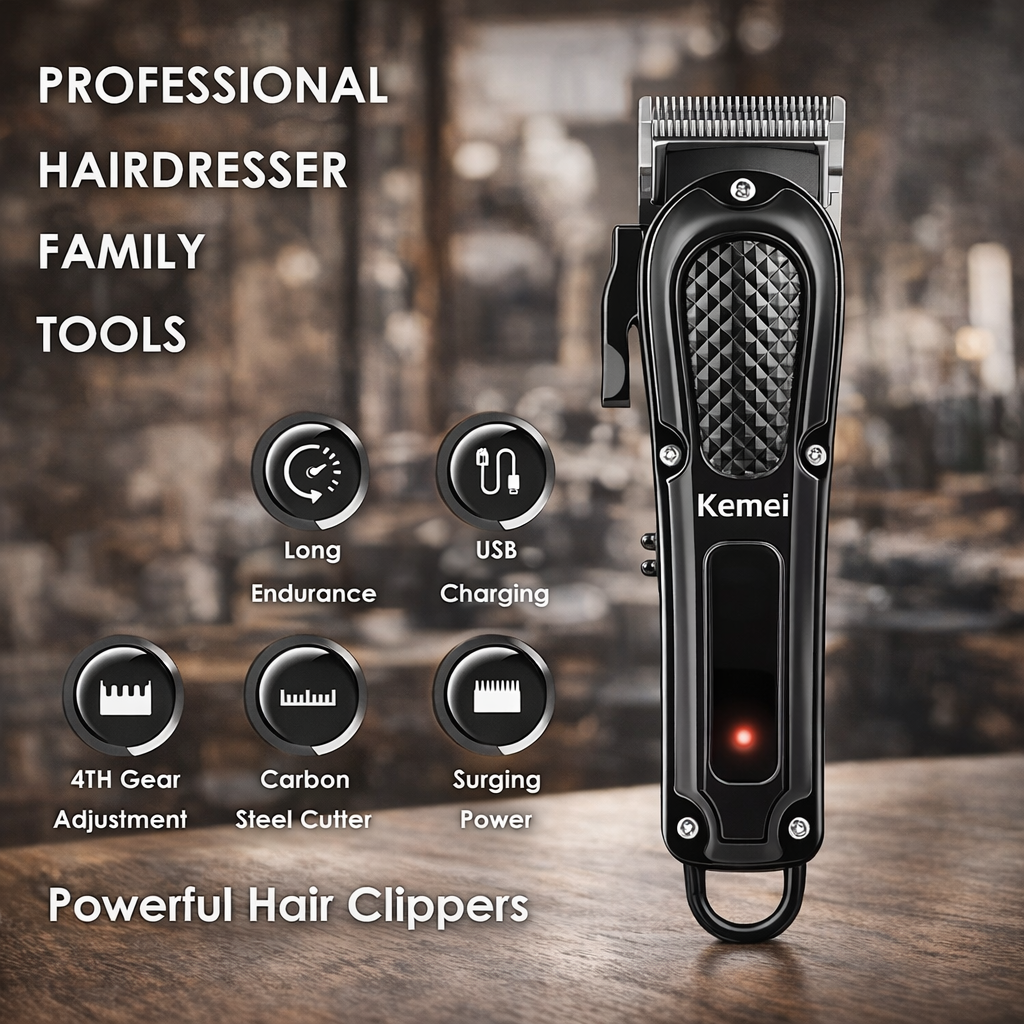 The Trim Mate Kemei KM-1071 electric hair clipper with rechargeable USB, showing the clipper's blades and ergonomic design.