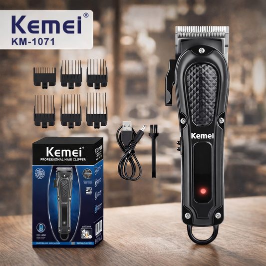 The Trim Mate Kemei KM-1071 electric hair clipper with rechargeable USB, showing its sleek design and adjustable blades.