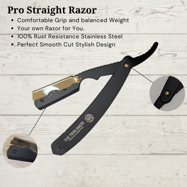The Trim Mate professional barber kit with straight razor and scissors set, featuring high-quality grooming tools in a black case.
