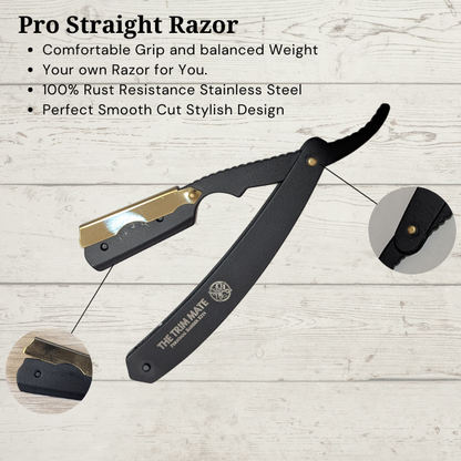 The Trim Mate professional barber kit with straight razor and scissors set, featuring high-quality grooming tools in a black case.