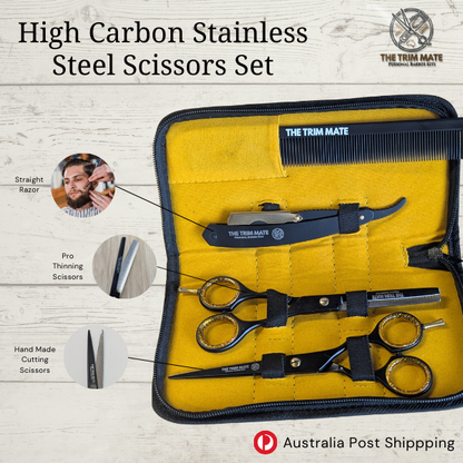 Professional barber kit with The Trim Mate scissors set and straight razor for precise grooming and styling.