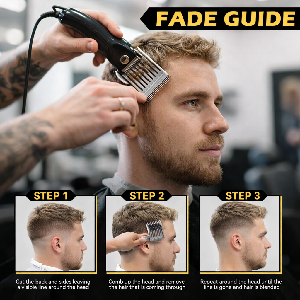 Grey Fade Blending Comb by The Trim Mate, wide-tooth hair styling tool for clean, seamless fade haircuts.
