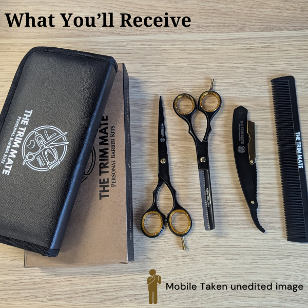 The Trim Mate professional barber kit with straight razor and scissors set, featuring sleek stainless steel tools on a black background.